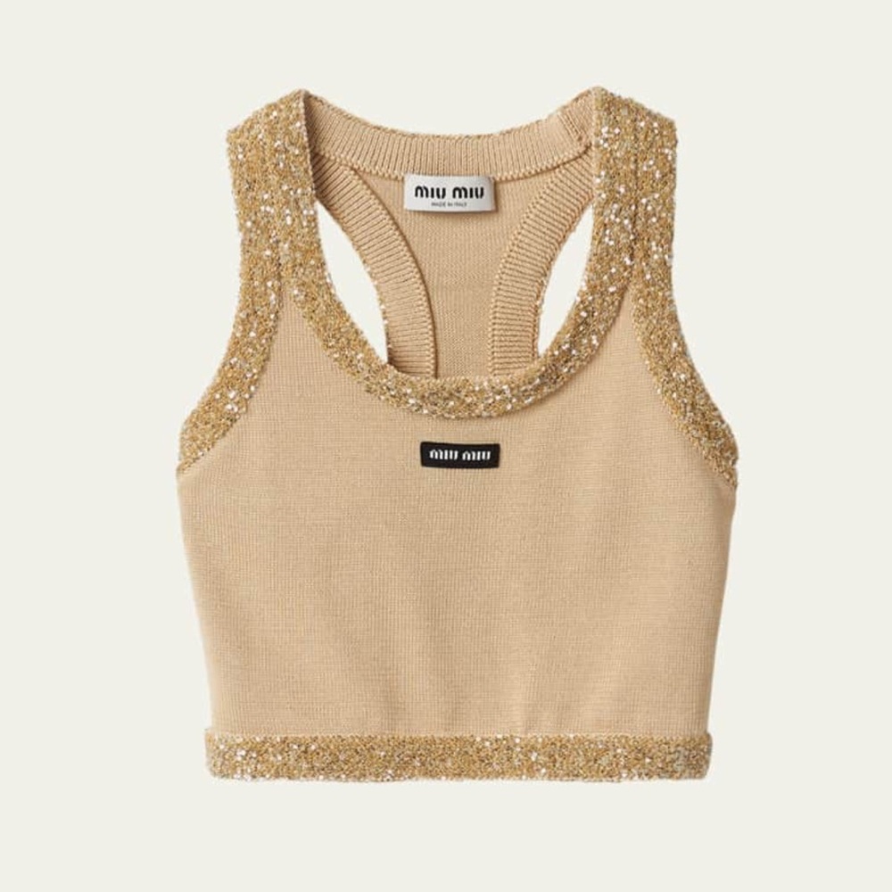 Miu Miu Tan and Gold Embellished Tank Top